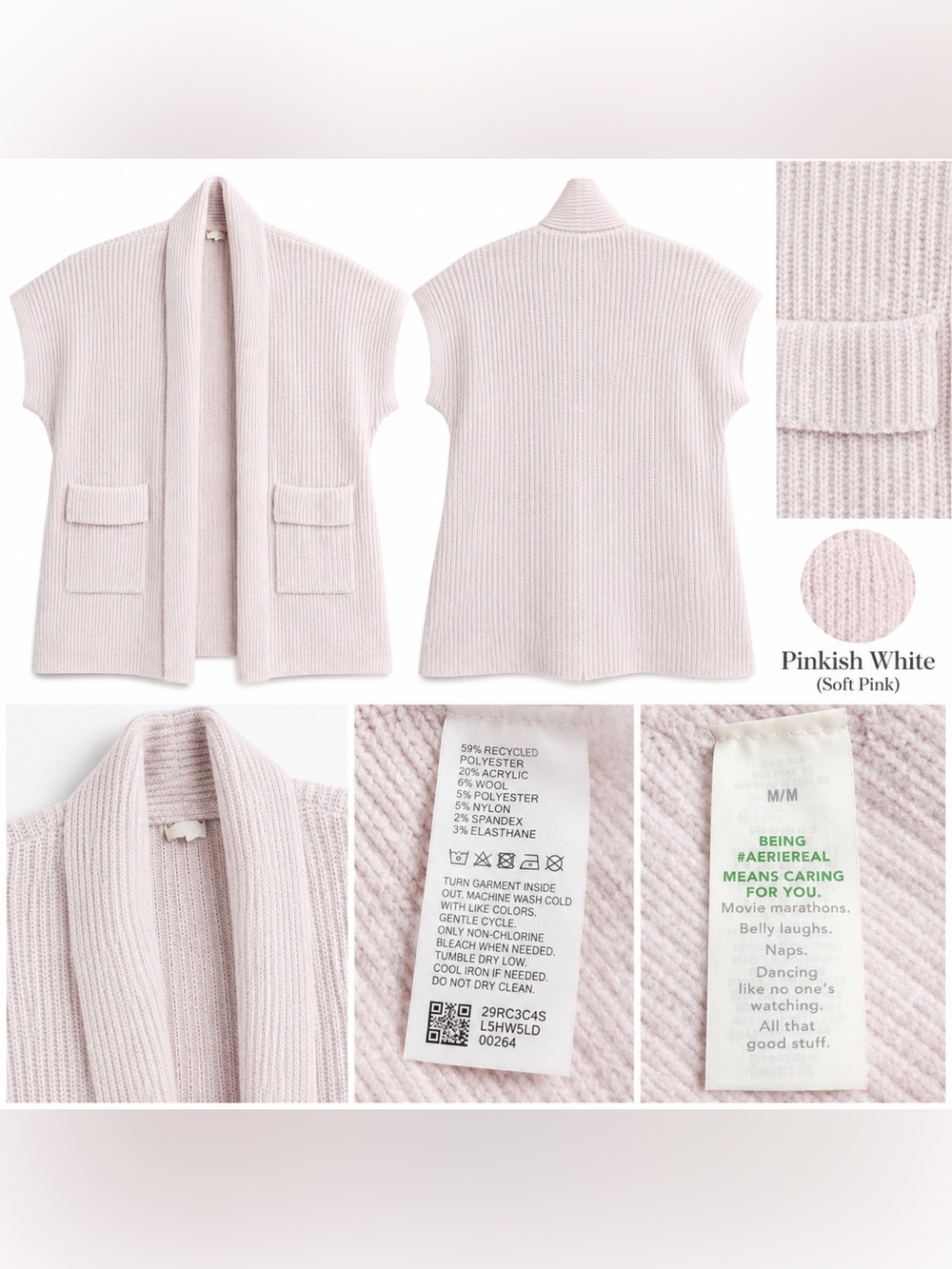 Aerie Women’s M Soft Pink Open Front Cardigan Sweater Vest Pockets Wool Blend